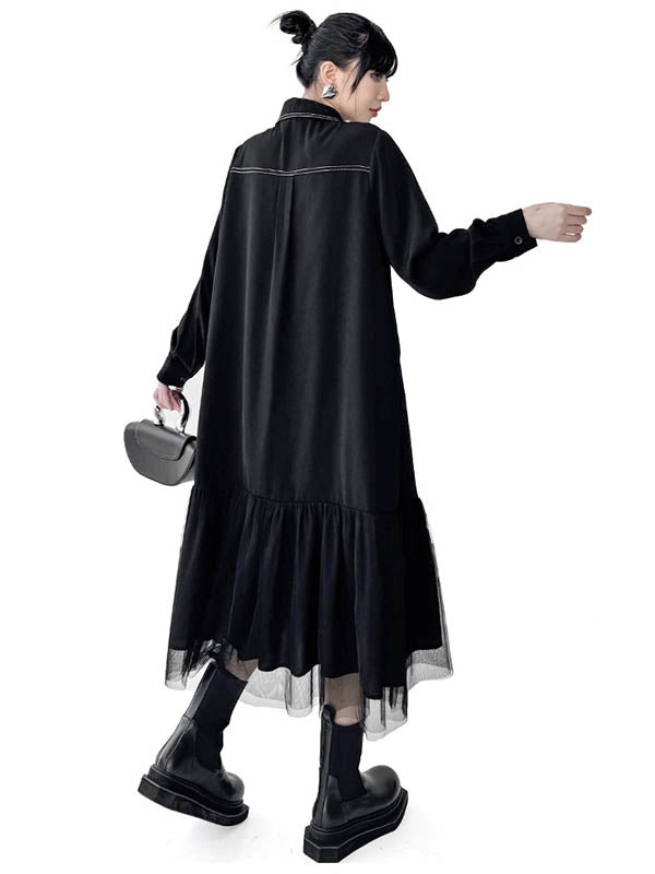 Asymmetric Buttoned Line Solid Color Split-Joint Irregularity Long Sleeves Lapel Shirt Dress Midi Dresses