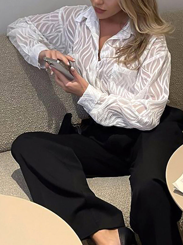 Buttoned Pockets See-Through Solid Color Split-Joint Long Sleeves Loose Lapel Blouses&Shirts Tops