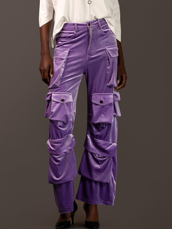 No Belt Pockets Solid Color High Waisted Loose Trousers Pants