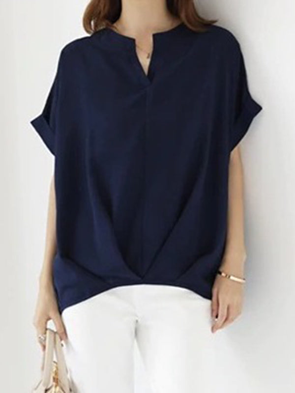 Pleated Solid Color Loose Plus Size V-neck T-Shirts Tops