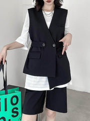 Elasticity Pleated Solid Color Split-Joint Loose Straight Leg Half Pants