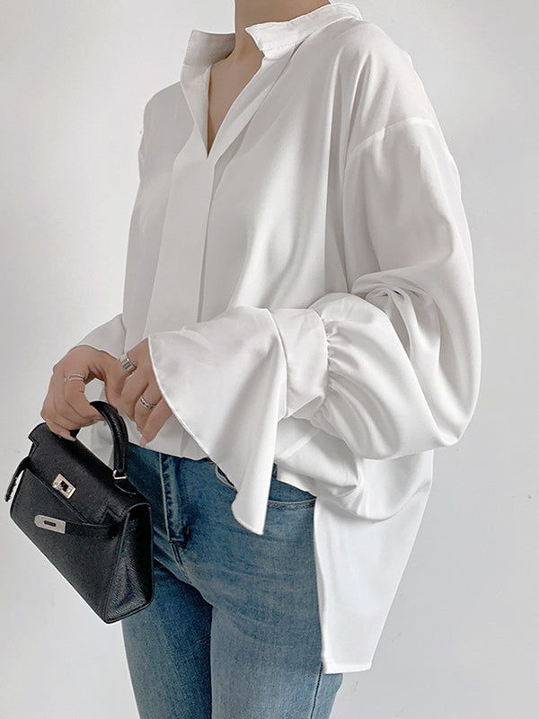 Solid Color Flared Sleeves High-low V-neck Blouses&shirts Tops