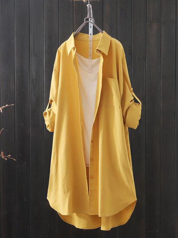Solid Color High-low Long Sleeves Lapel Shirts Tops