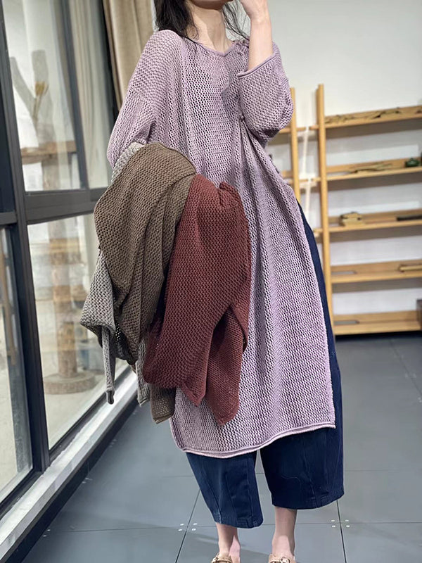 Asymmetric Hollow Split-side Long Sleeves Loose Round-neck Sweater Tops