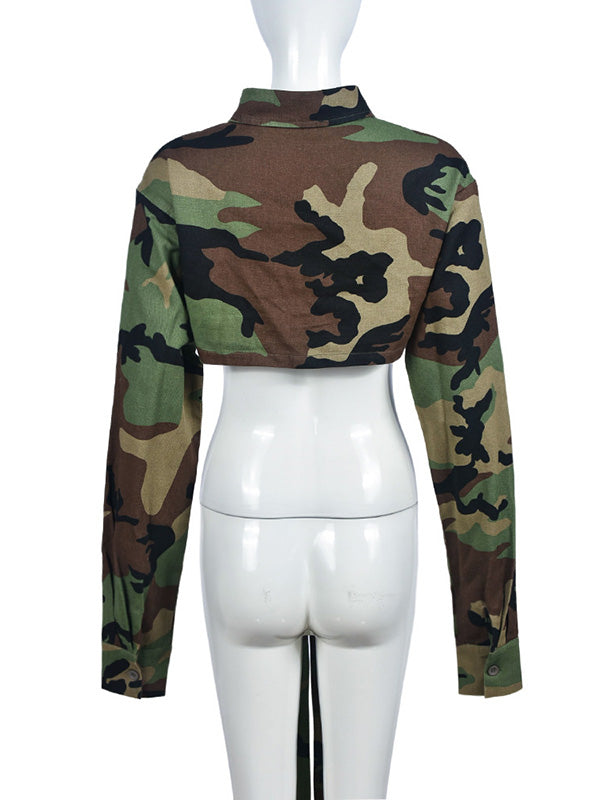 Buttoned Camouflage Pockets Tied Long Sleeves Loose Lapel Outerwear