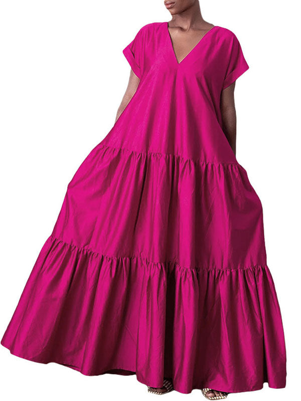 Pleated Solid Color Split-Joint A-line Loose V-neck Maxi Dresses
