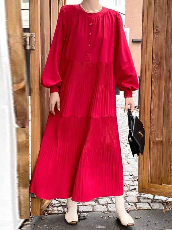 Buttoned Pleated Solid Color Split-Joint A-Line Long Sleeves Round-Neck Midi Dresses