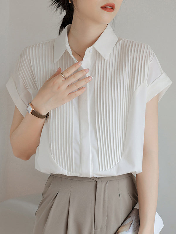 Buttoned Pleated Solid Color Split-Joint Loose Short Sleeves Lapel Blouses&Shirts Tops