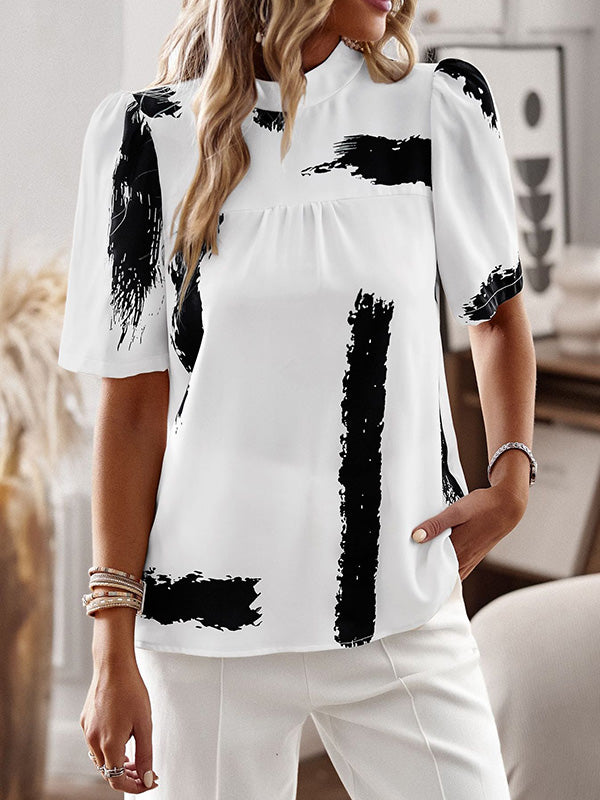 Printed Split-Joint Loose Short Sleeves Mock Neck T-Shirts Tops
