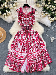 Belt Buckle Buttoned Contrast Color Floral Printed Sleeveless Midi Dresses