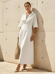 Buttoned Pleated Solid Color Split-Joint A-Line Elasticated Waist Lapel Shirt Dress Maxi Dresses