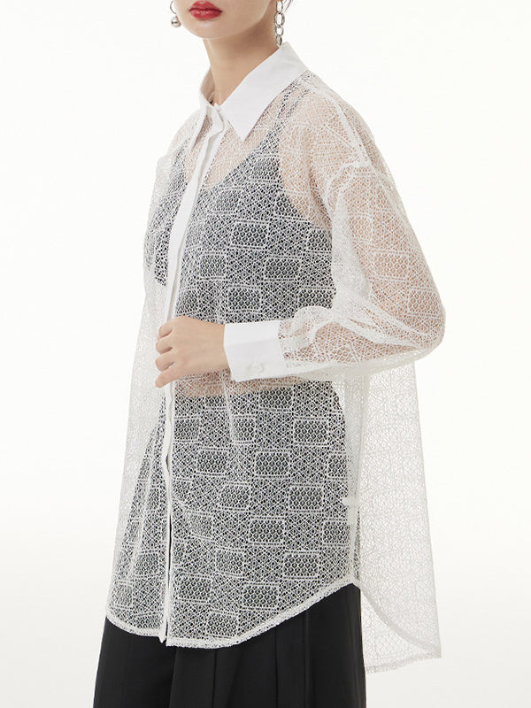 Lacy See-Through Solid Color Long Sleeves Loose Lapel Blouses&shirts Tops