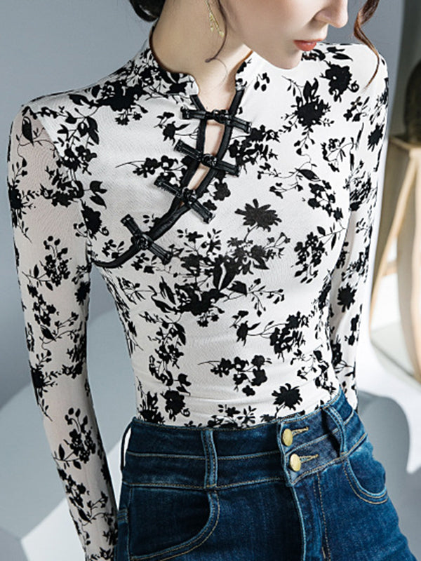 Buttoned Flower Print Mesh Long Sleeves Skinny Mock Neck T-Shirts Tops