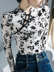 Buttoned Flower Print Mesh Long Sleeves Skinny Mock Neck T-Shirts Tops