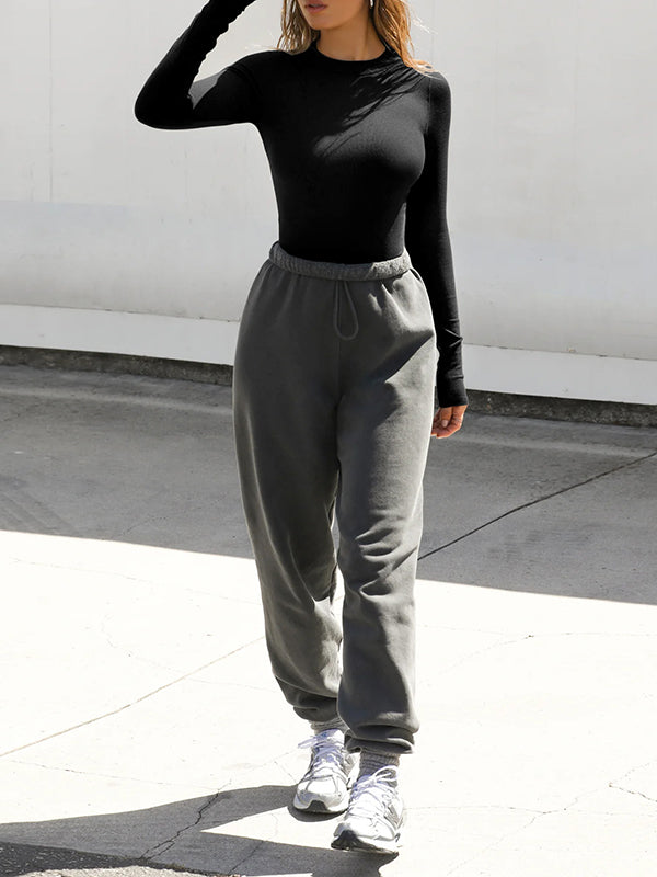 Solid Color Split-Joint Long Sleeves Skinny Round-Neck T-Shirts