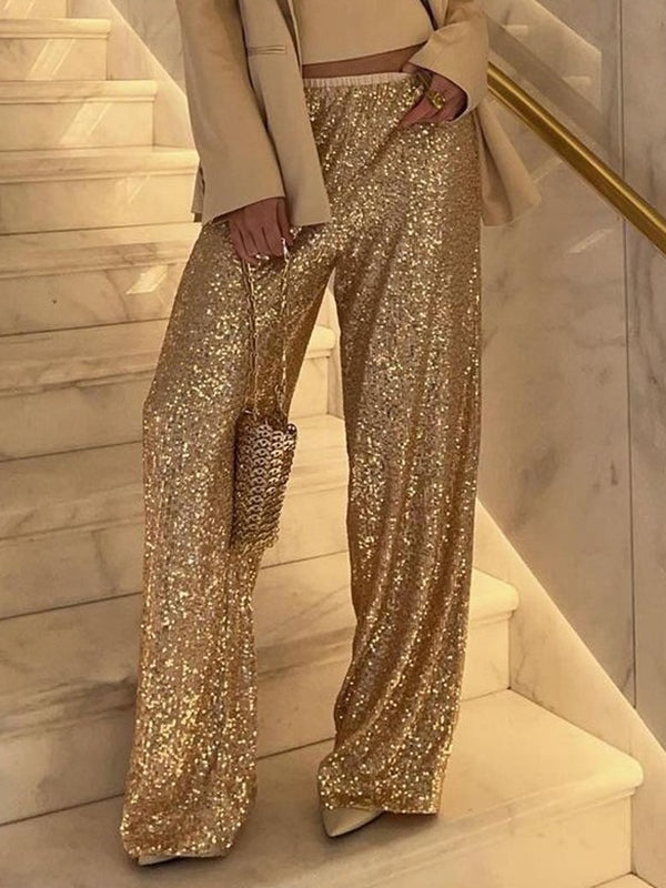 Elasticity Sequined Shiny Split-Joint Loose Straight Leg Trousers Pants