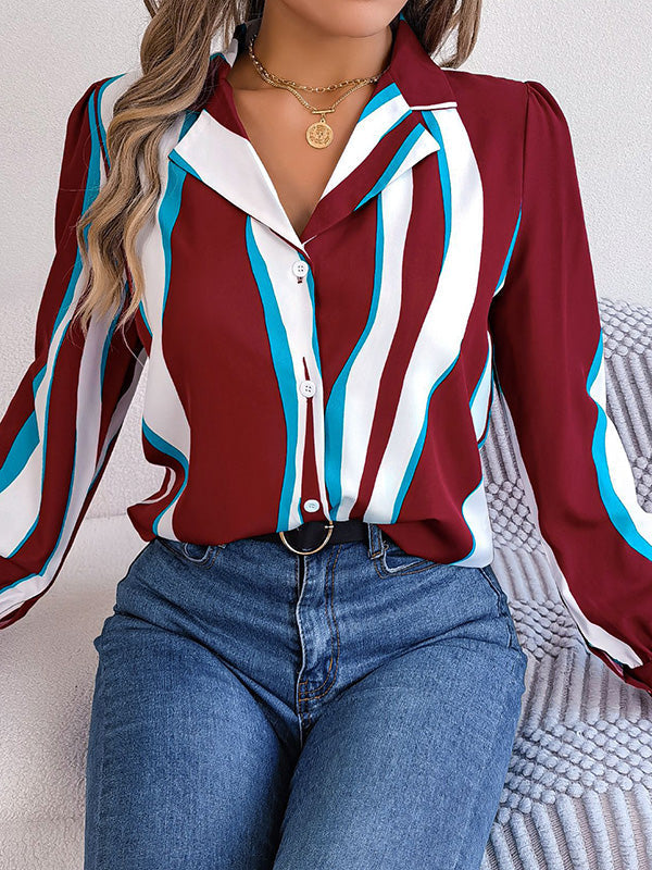 Buttoned Contrast Color Printed Long Sleeves Loose Notched Collar Blouses&Shirts Tops