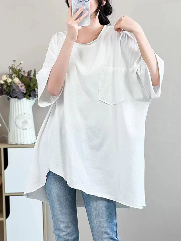Asymmetric Solid Color Half Sleeves Loose Round-neck T-shirts