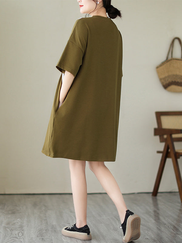 Split-Joint Loose Short Sleeves Round-Neck Mini Dresses