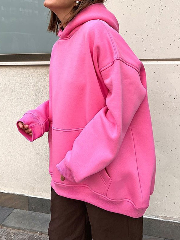 Pockets Solid Color Velvet Long Sleeves Loose Hooded Hoodies Tops