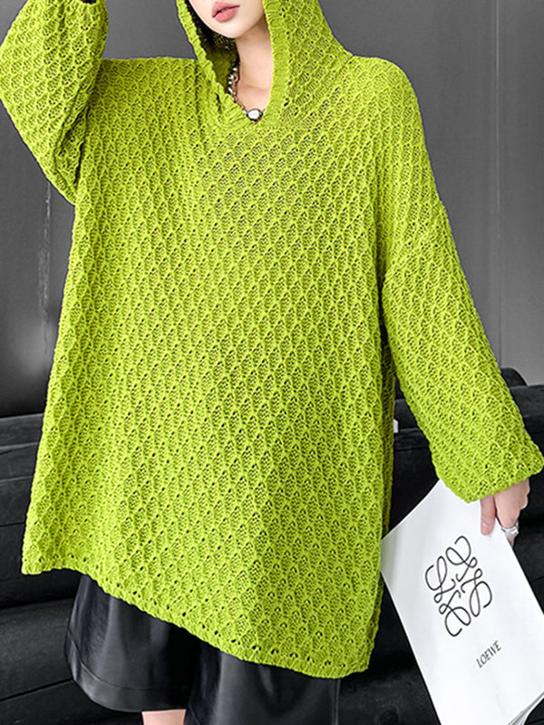 Hollow Solid Color Long Sleeves Loose Hooded Sweater Tops