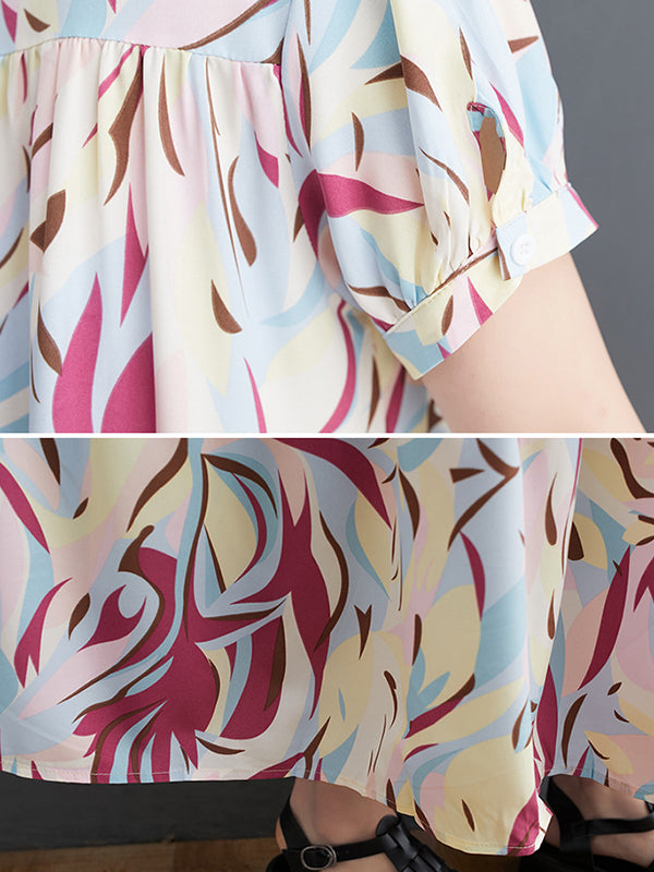 Original Loose Short Sleeves Buttoned Contrast Color Printed Stand Collar Midi Dresses
