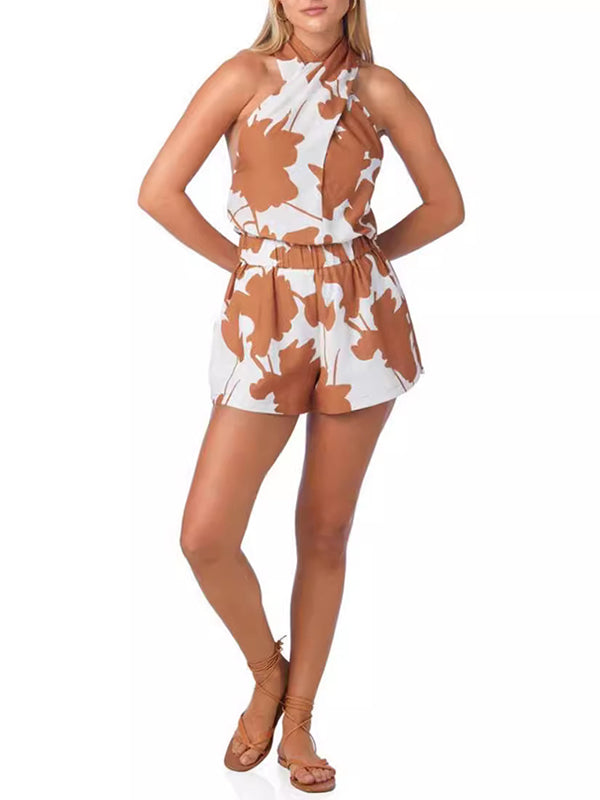 Halter-Neck Loose Backless Flower Print Tied Vest Top + Elasticity Pockets High Waisted Shorts Bottom Two Pieces Set