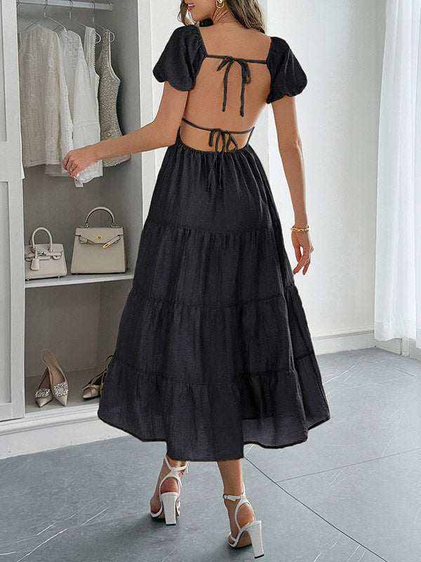 Backless Pleated Solid Color Tied A-Line Loose V-Neck Midi Dresses
