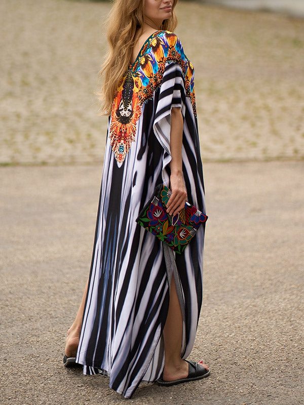Printed Split-side Striped Batwing Sleeves Loose V-neck Maxi Dresses Beach Cover-Up