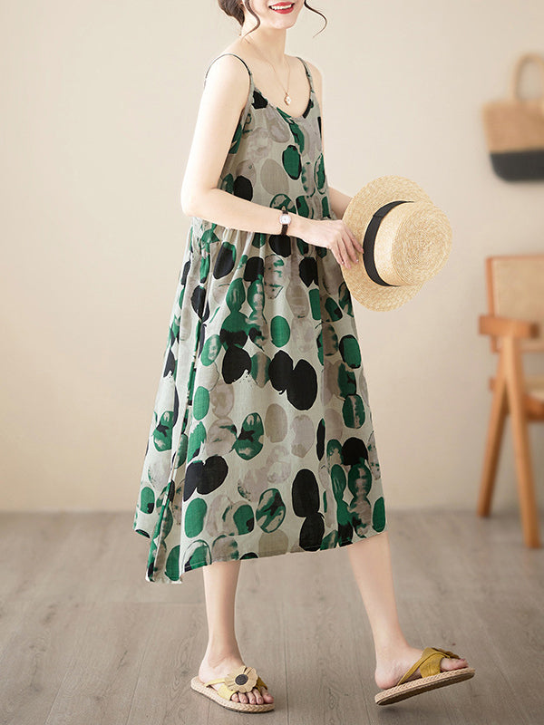 Pleated Printed Split-Joint Loose Sleeveless Spaghetti-Neck Midi Dresses