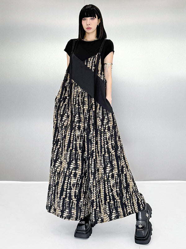 Asymmetric Contrast Color Printed Split-Joint Loose Sleeveless Spaghetti-Neck Overalls