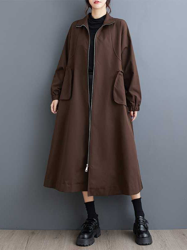 Elasticity Pockets Split-Joint Zipper Long Sleeves Loose High Neck Trench Coats Outerwear