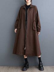 Elasticity Pockets Split-Joint Zipper Long Sleeves Loose High Neck Trench Coats Outerwear