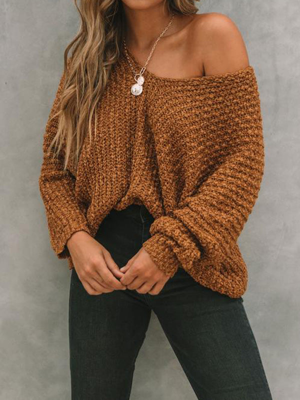 Solid Color Long Sleeves Loose V-Neck Sweater Tops Pullovers Knitwear