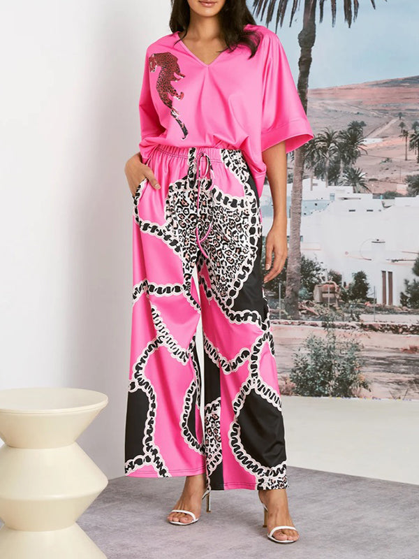 Animal Printed Half Sleeves Loose V-neck T-Shirts Tops