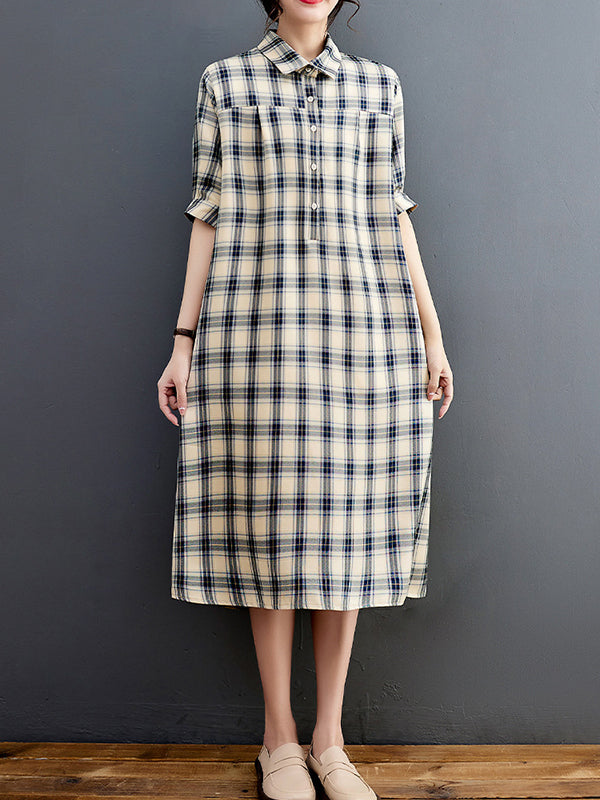 Plaid Half Sleeves Loose Lapel Midi Dresses