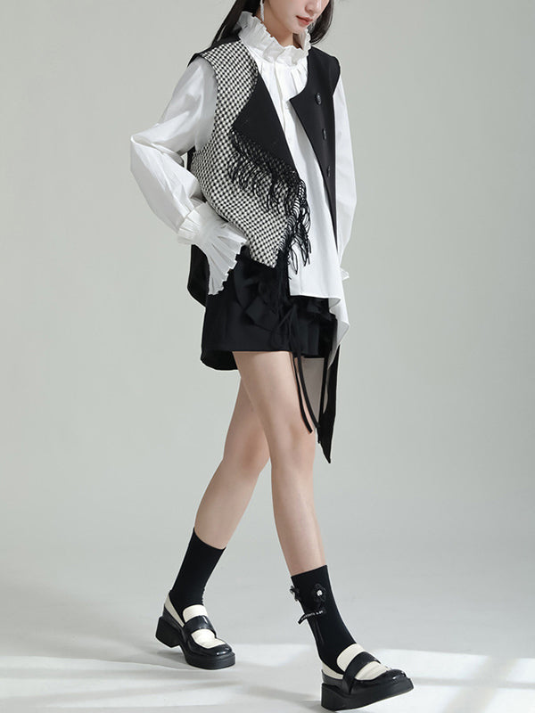 Asymmetric Buttoned Houndstooth Ruffle Sleeves Sleeveless Vest Outerwear