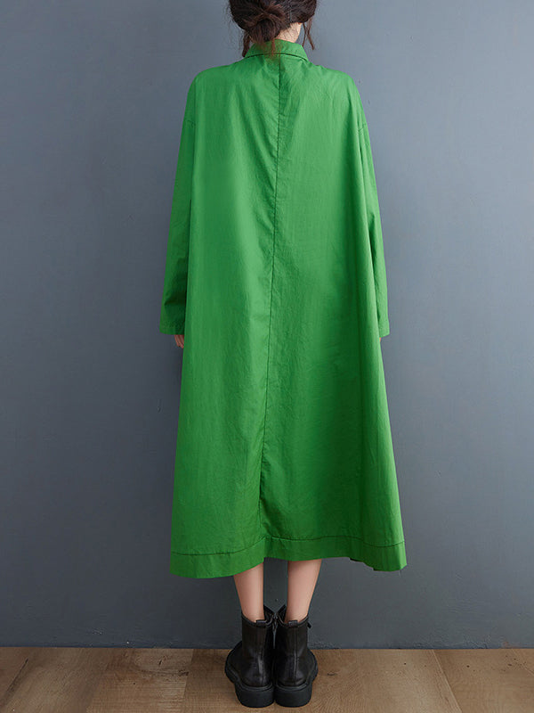 Asymmetric Hollow Polka-Dot Solid Color A-Line Long Sleeves Lapel Midi Dresses