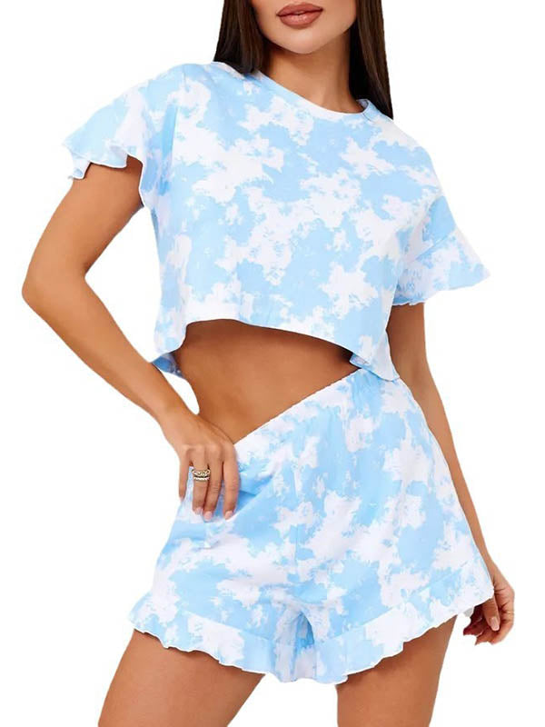 Round-Neck Loose Short Sleeves Elasticity Ruffle Trim T-shirt Top + Shorts Bottom Pajama Sets