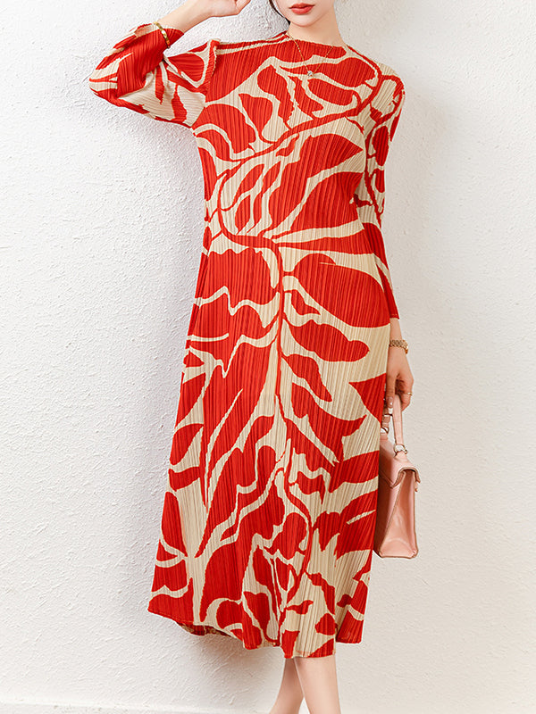 Floral Printed Pleated Long Sleeves Midi Dress