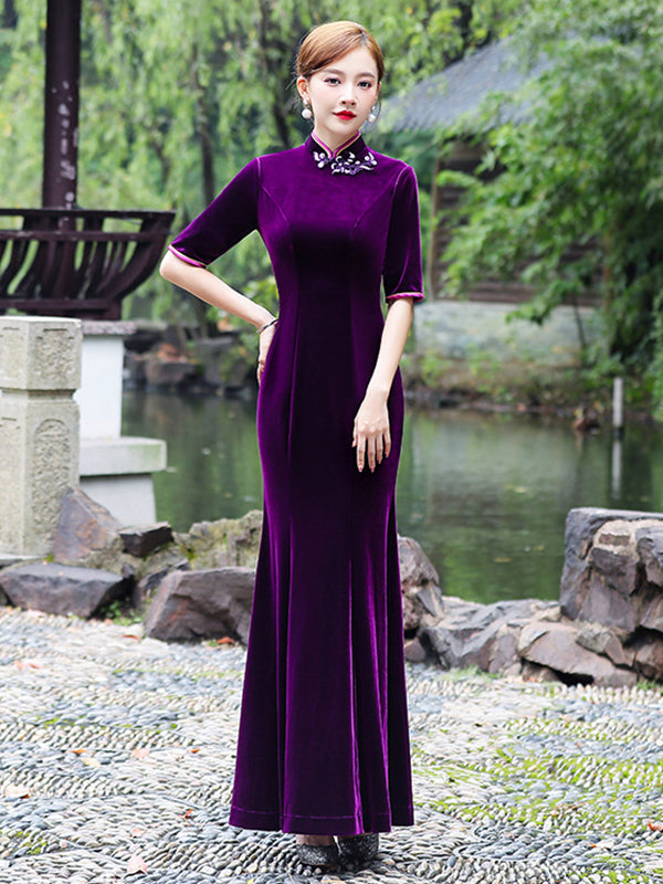 Original Applique Pleuche Stand Collar Half Sleeves Long Cheongsams