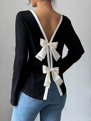 Bowknot Hollow Split-Back Split-Joint Long Sleeves Loose Round-Neck T-Shirts