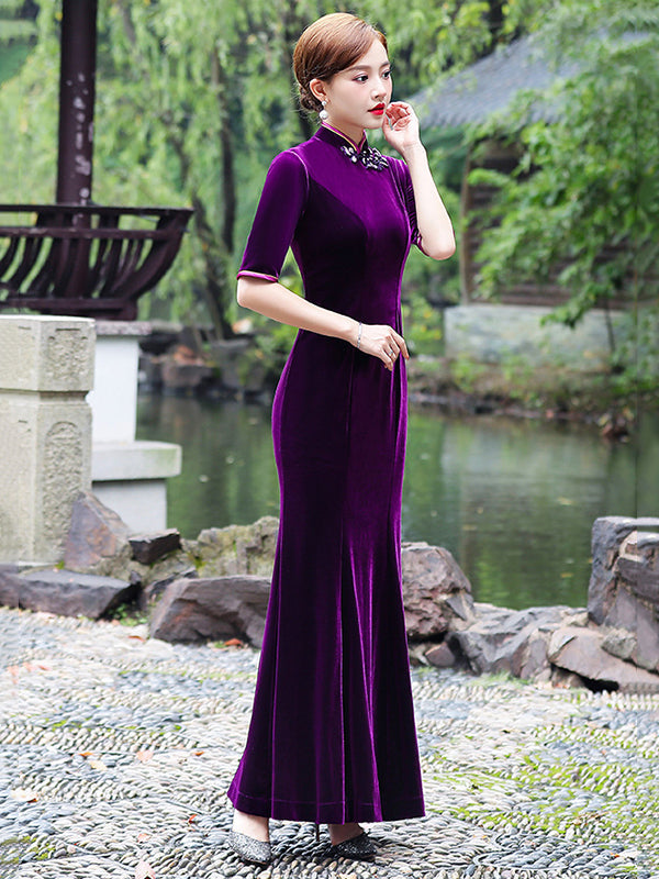 Original Applique Pleuche Stand Collar Half Sleeves Long Cheongsams