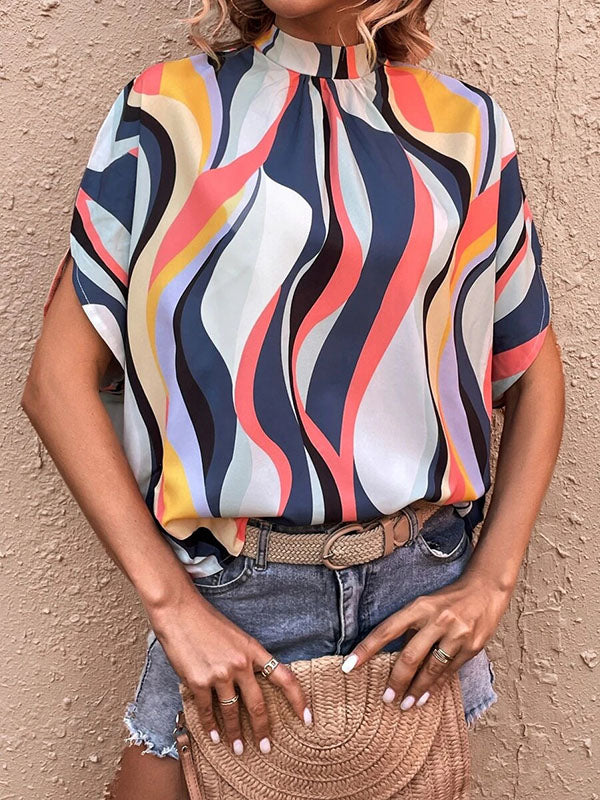 Pleated Printed Tied Batwing Sleeves Half Sleeves Mock Neck Blouses&Shirts Tops