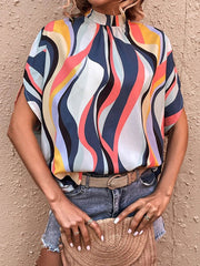 Pleated Printed Tied Batwing Sleeves Half Sleeves Mock Neck Blouses&Shirts Tops