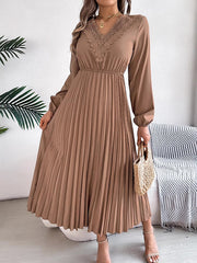 Pleated Solid Color Elasticated Waist High Waisted V-neck Midi Dresses