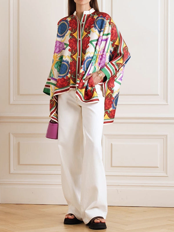 Buttoned Flower Print Batwing Sleeves High-Low Stand Collar Blouses&Shirts Tops