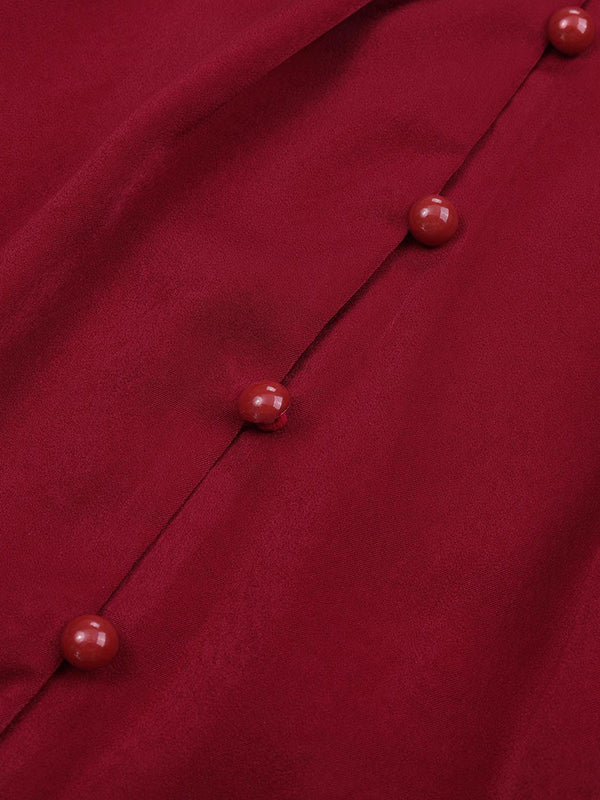 Pleated Solid Color Split-Joint Loose Puff Sleeves Stand Collar Blouses