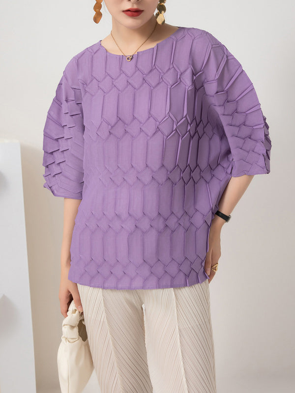 Original Loose Half Sleeves Pleated Solid Color Round-Neck T-Shirts Tops