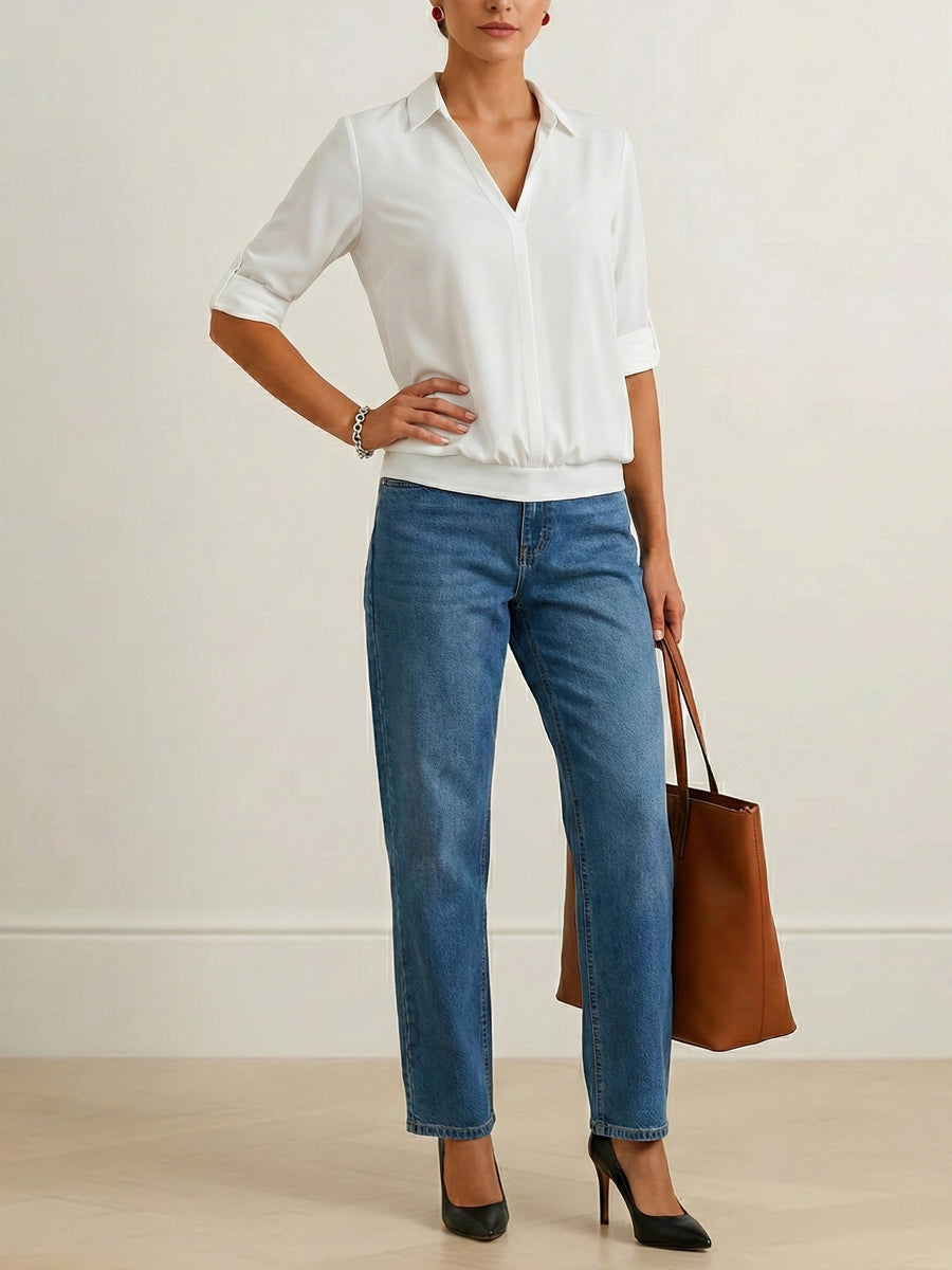 Solid Color Split-Joint Half Sleeves Lapel Blouses&shirts Tops